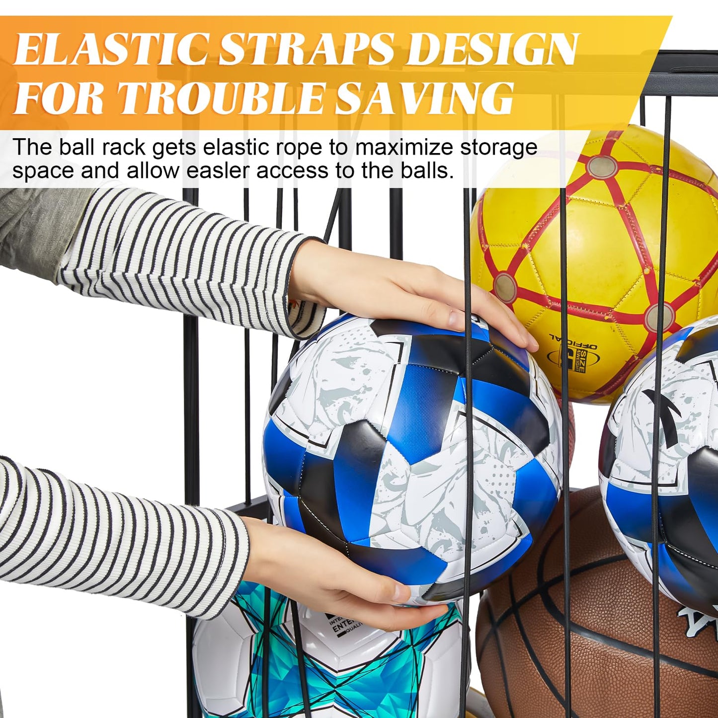 Hencawima Garage Ball Storage Wall-Mounted & Floor Sports Equipment Organizer: Sports Ball Rack with Elastic Rope, Holder for Basketball, Soccer, Volleyball, Football, Garage, Gym, Black