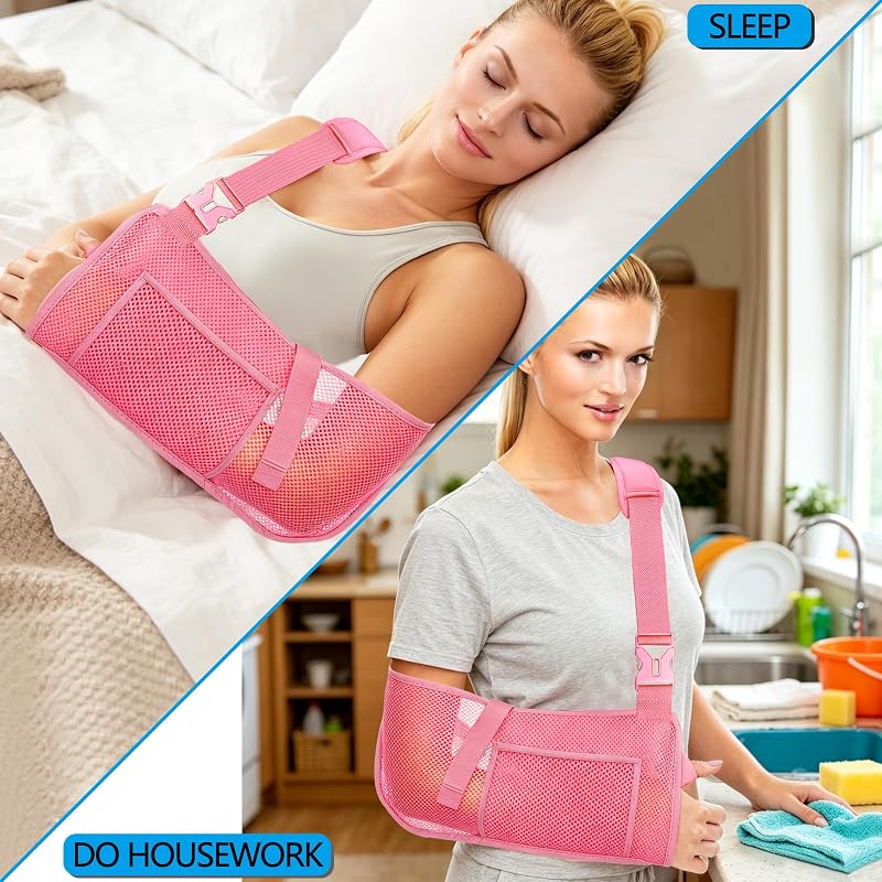 Mesh Arm Sling Shoulder Immobilizer for Rotator Cuff Injury, Reversible Left/Right, Breathable Adjustable Support (Pink, Medium)
