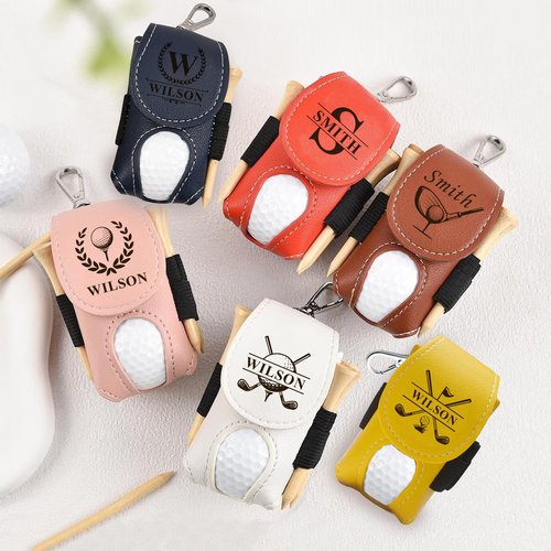 EDSG Personalized Golf Ball Bag Leather Golf Ball & Tee Holder with Belt Clip Personalized Gifts for Men Women Golfers Fathers Day Birthday Personalized Gift for Dad Grandpa Uncle (Pink)