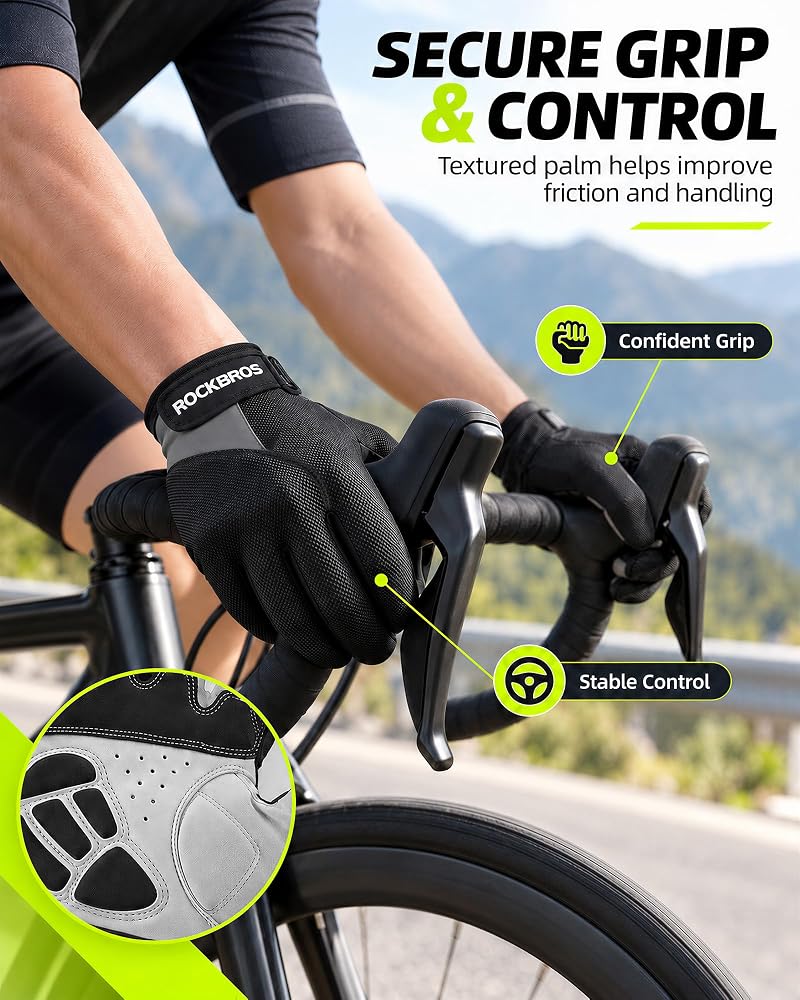 ROCKBROS Full-Finger Cycling Gloves with Gel Pad – Breathable, Touchscreen, Unisex (US XL / Asian XXL) – Black