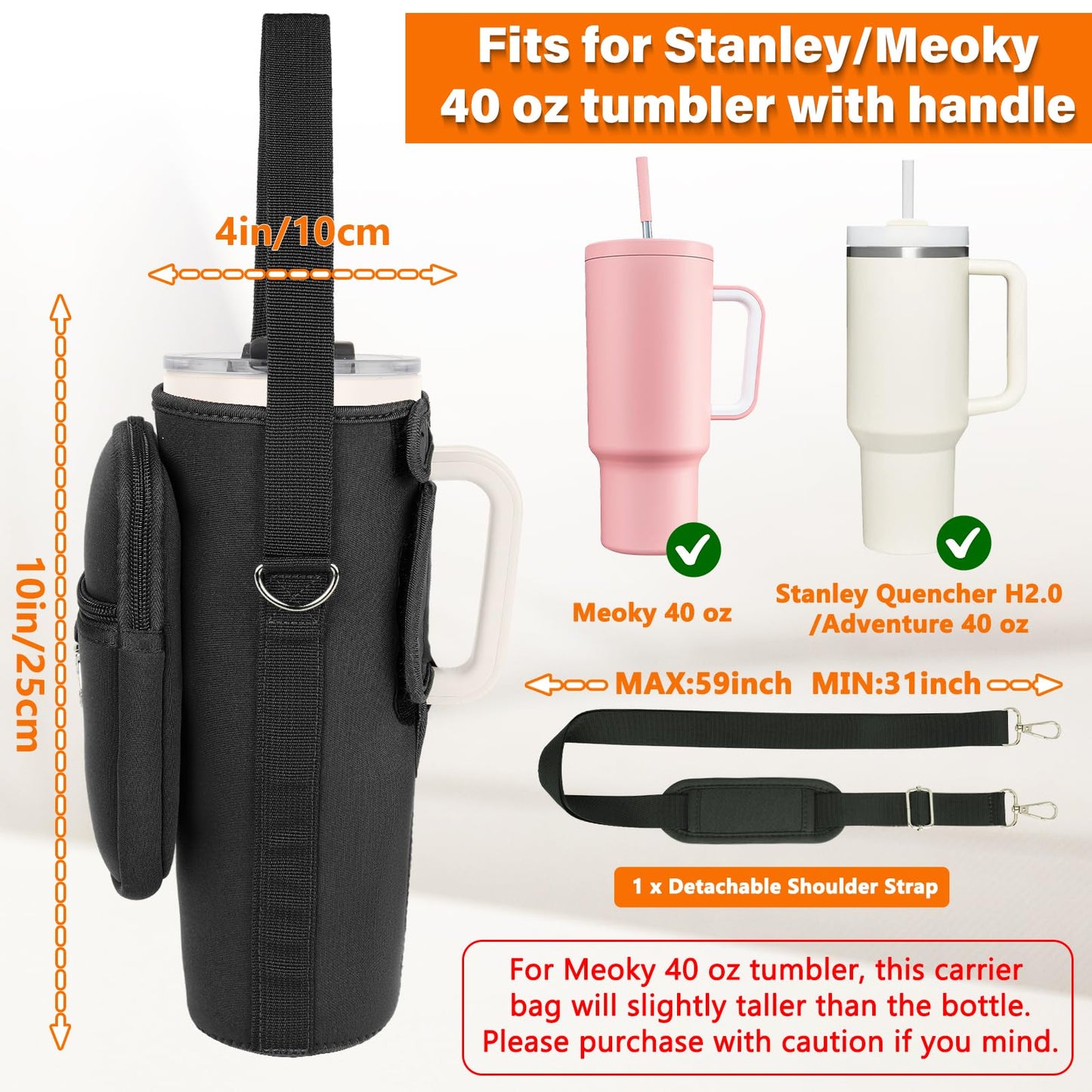 Water Bottle Carrier Bag with Phone Pocket Compatible with Stanley/Meoky 40 oz Tumbler with Handle,Water Bottle Holder Pouch with Adjustable Strap Compatible with Stanley Cup Accessories,Black