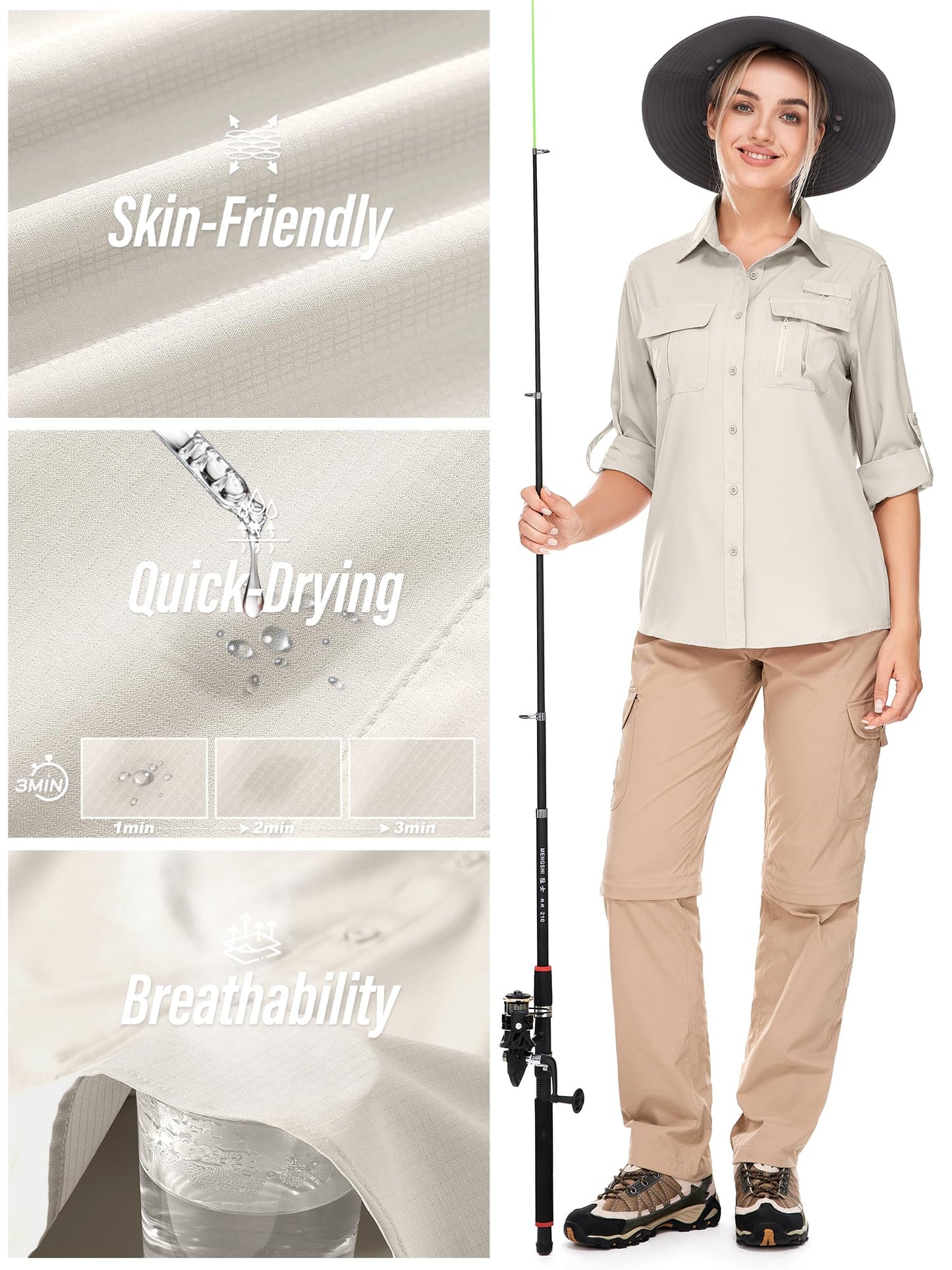 Toumett Women's UPF 50+ Long Sleeve UV Sun Protection Shirts, Fishing Hiking Travel Shirt,Breathable and Fast Dry(5071,Light Khaki,M)