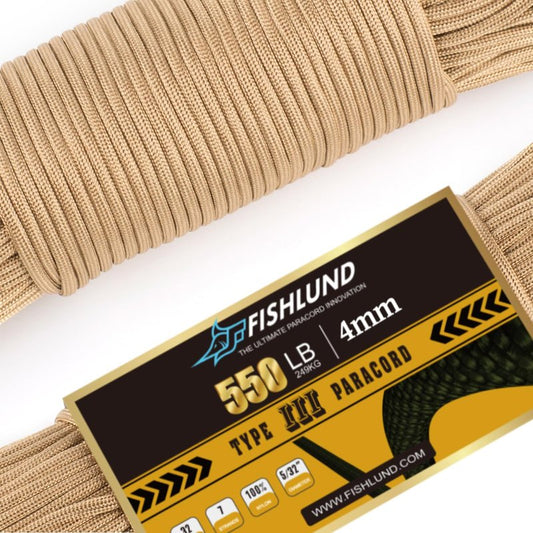 FISHLUND Paracord 550 lb, 7 Strand Paracord Rope 50ft 4mm, Nylon Parachute Cord for Camping, Desert Tan