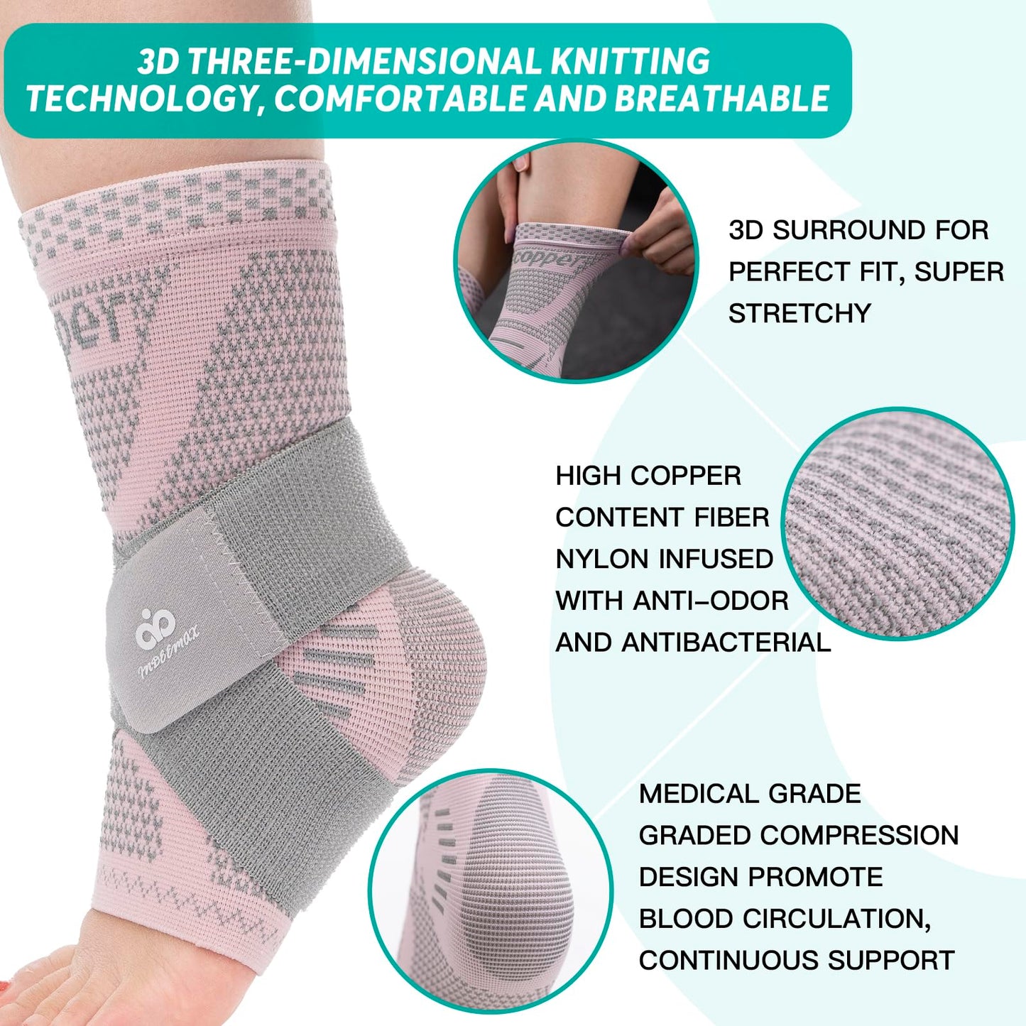 INDEEMAX Ankle Brace for Women & Men, Ankle Compression Sleeve Support Copper Infused Ankle Brace for Sprained Ankle, Plantar Fasciitis Sports, Achilles Tendonitis Pain Relief, Pink Silver, M
