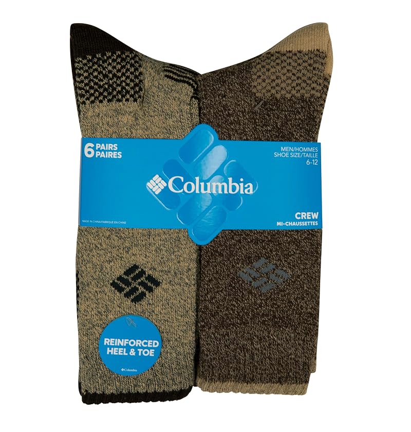 Columbia Moisture Control Crew Socks 6-Pack for Men Khaki/Brown
