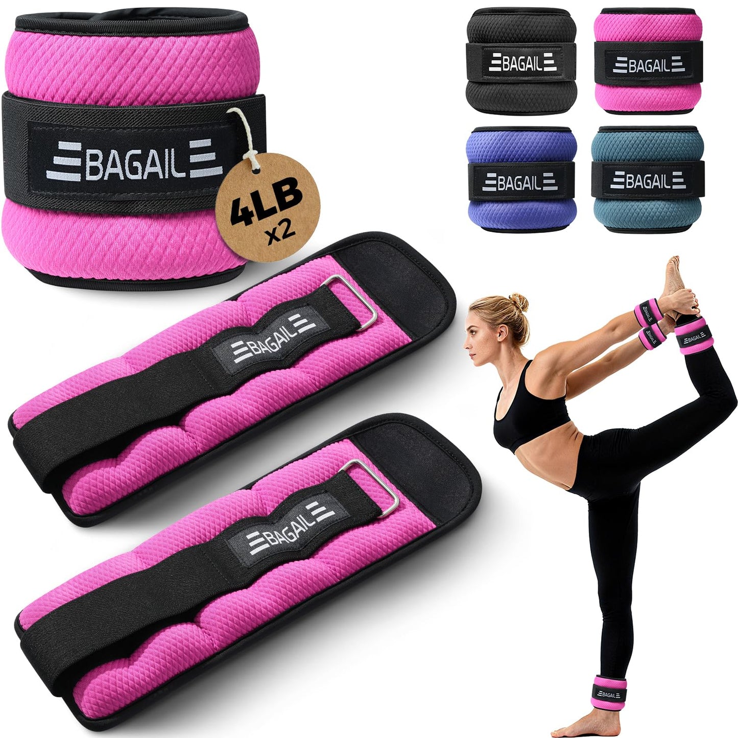 BAGAIL Ankle Wrist Weights for Women & Men, One Pair of 1/2/4/6/8/10 LBS Wearable Leg Arm Weights with Sleek Design & Secure Fit for Walking, Running, Pilates, Home Fitness & Physical Therapy - 8lb, Pink