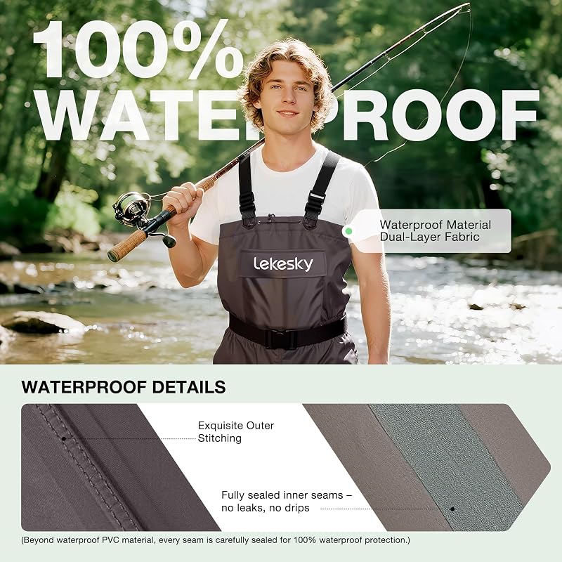 Lekesky Fly Fishing Chest Waders with Boots – 2-Ply Nylon/PVC, US 5–14, Brown + M10 Variation