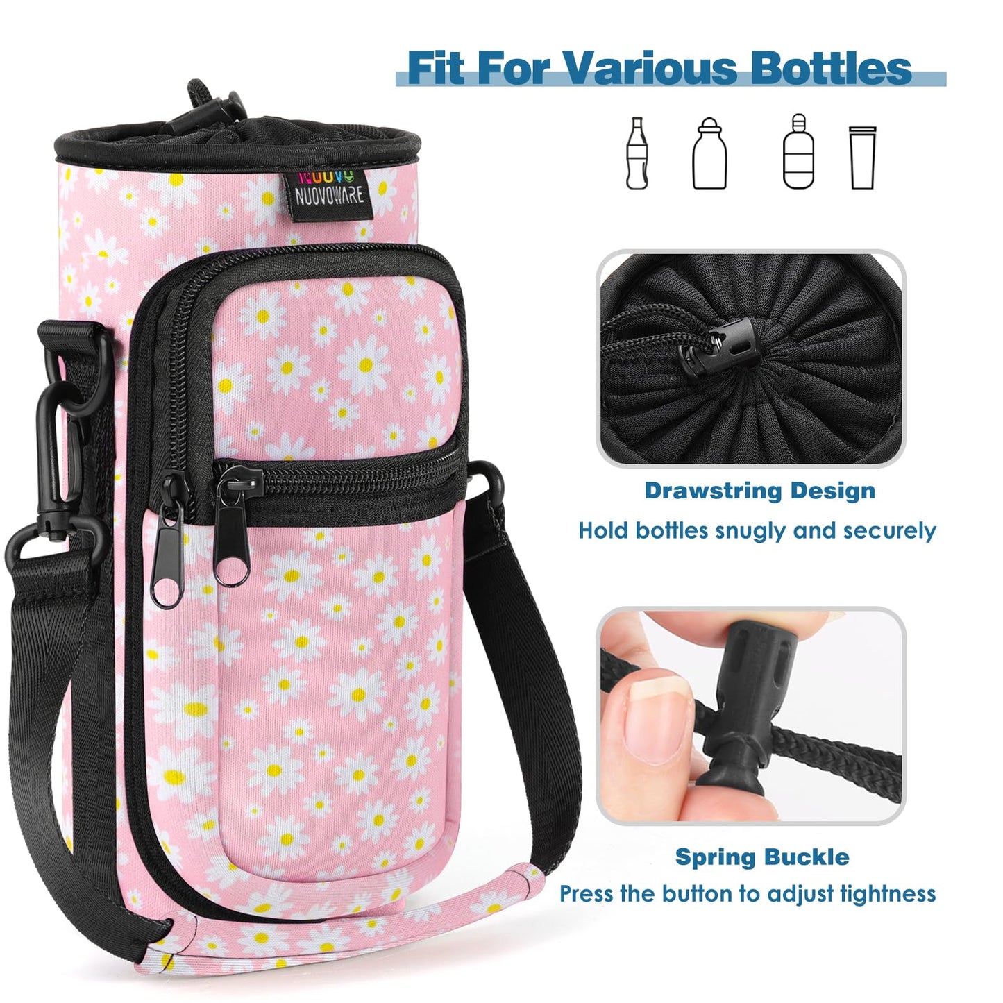 Nuovoware Water Bottle Carrier Bag, 25oz/32oz Bottle Pouch Holder, Adjustable Shoulder Hand Strap 2 Pocket Sling Neoprene Sleeve Sports Accessories for Hiking Travelling Camping, PinkDaisy