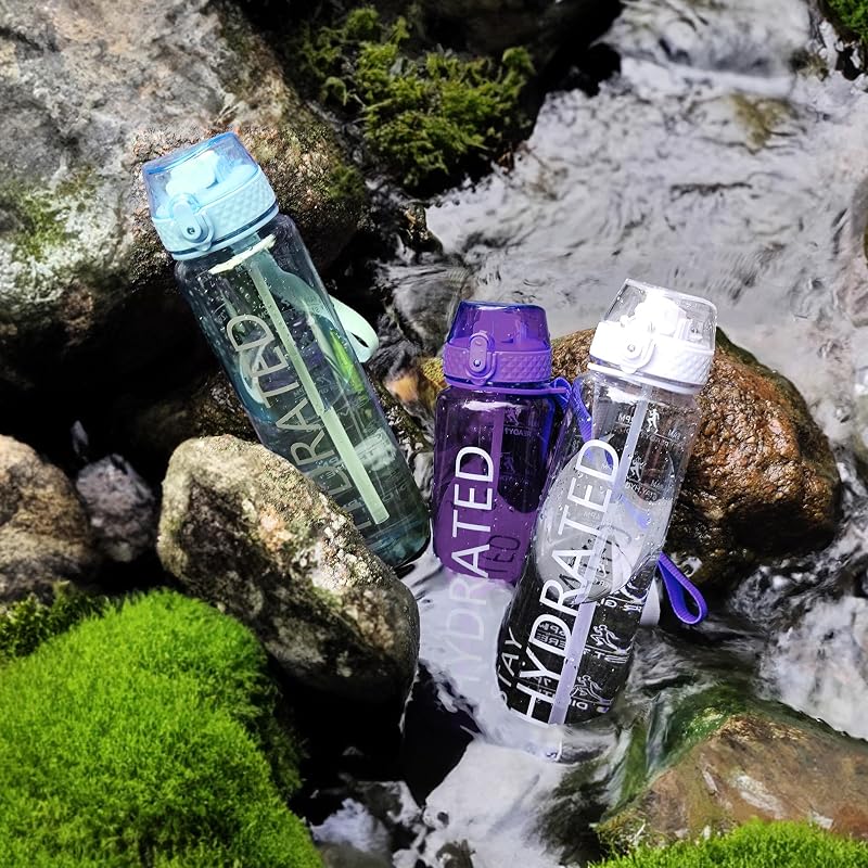 GOPPUS 32oz Clear Water Bottle with Straw & Time Marker - Deep Purple 32 Ounce