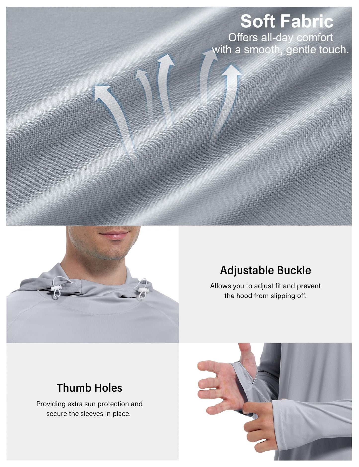 Roadbox UPF 50+ Sun Protection Hoodie Shirt, Outdoor Fishing SPF UV Long Sleeve Shirts, Quick Dry Hiking Running Rash Guard Gray