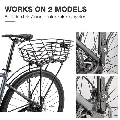 Rear Bike Basket with Rack - Rear Rack with Fixed Basket for Disc Brake/Non-Disc Brake Mount - Bicycle Basket Cargo Touring Carrier fit 26”-29” and 700c