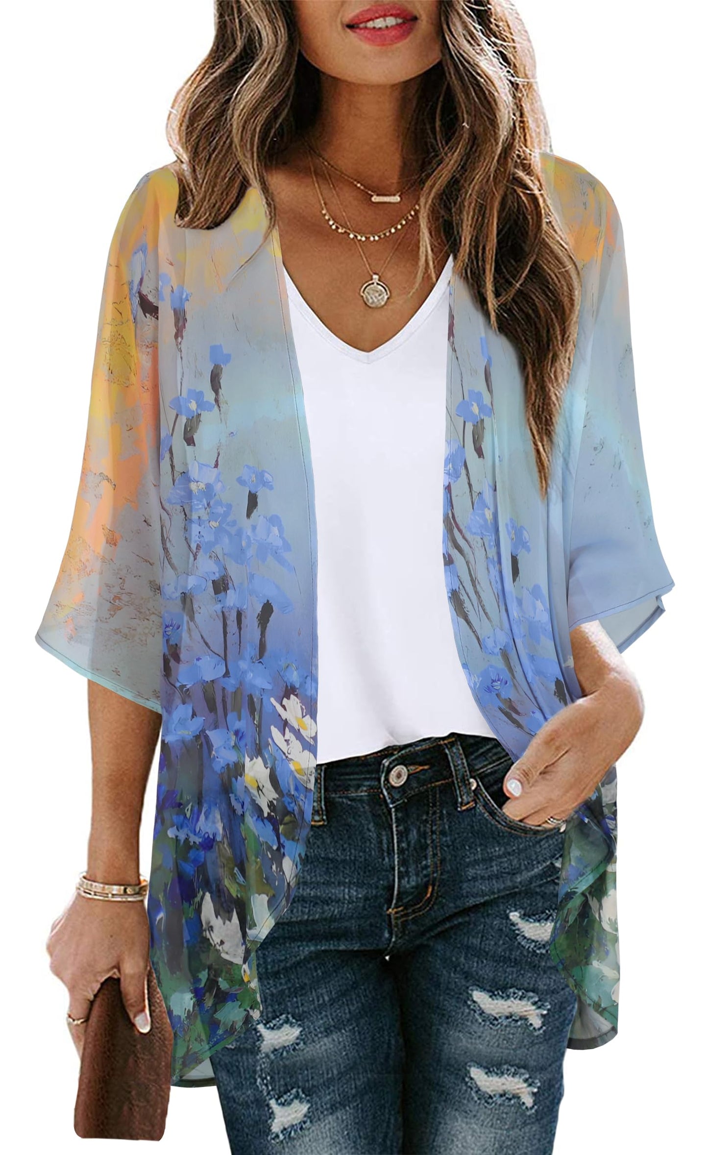 Womens Casual Tops Bathing Suit Cover Up Summer Kimono Cardigan Hawaiian Shirts (Sunset and Flowers, S)