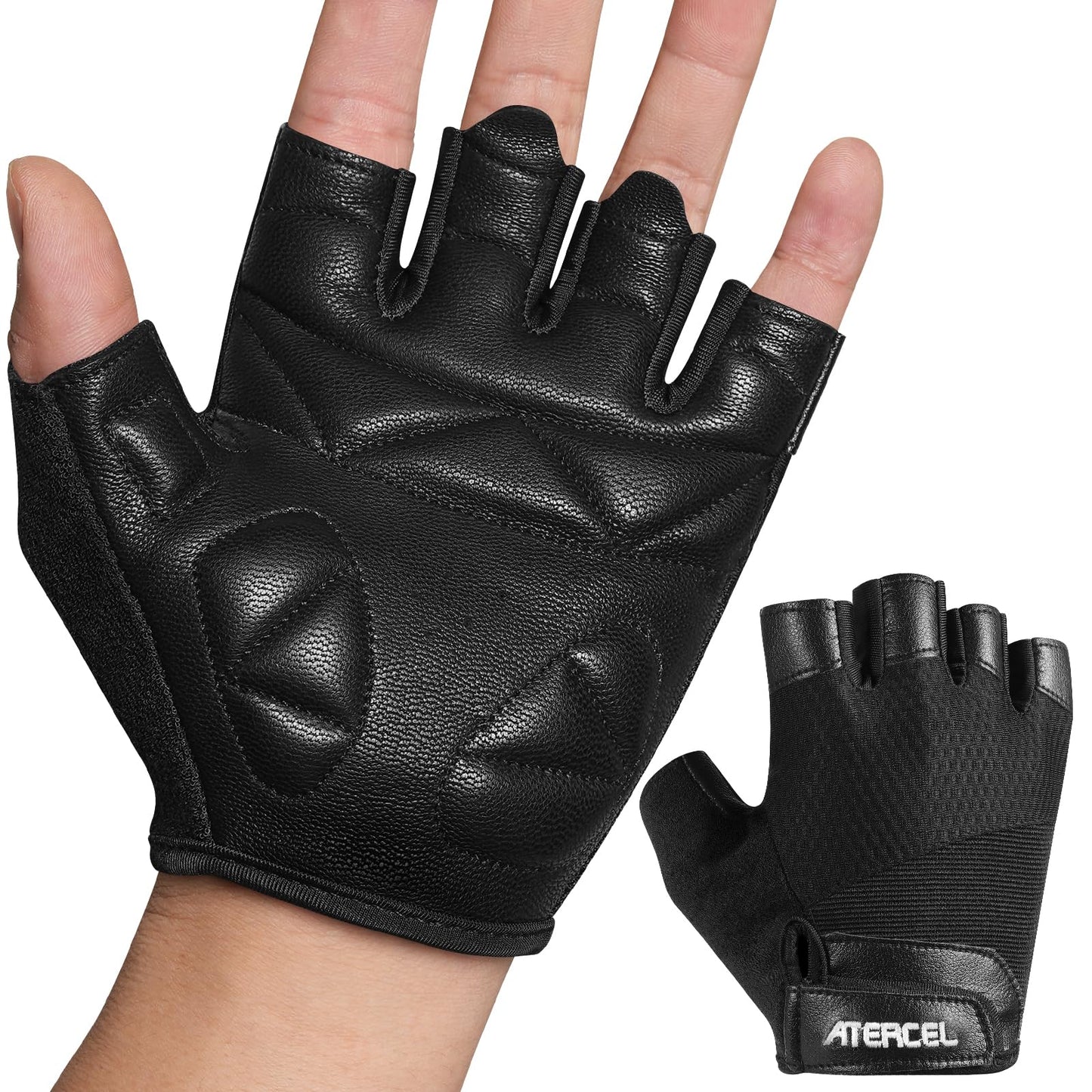 ATERCEL Premium Leather Workout Gloves for Men and Women, Suitable for Weightlifting, Gym, Cycling (Black, Large)