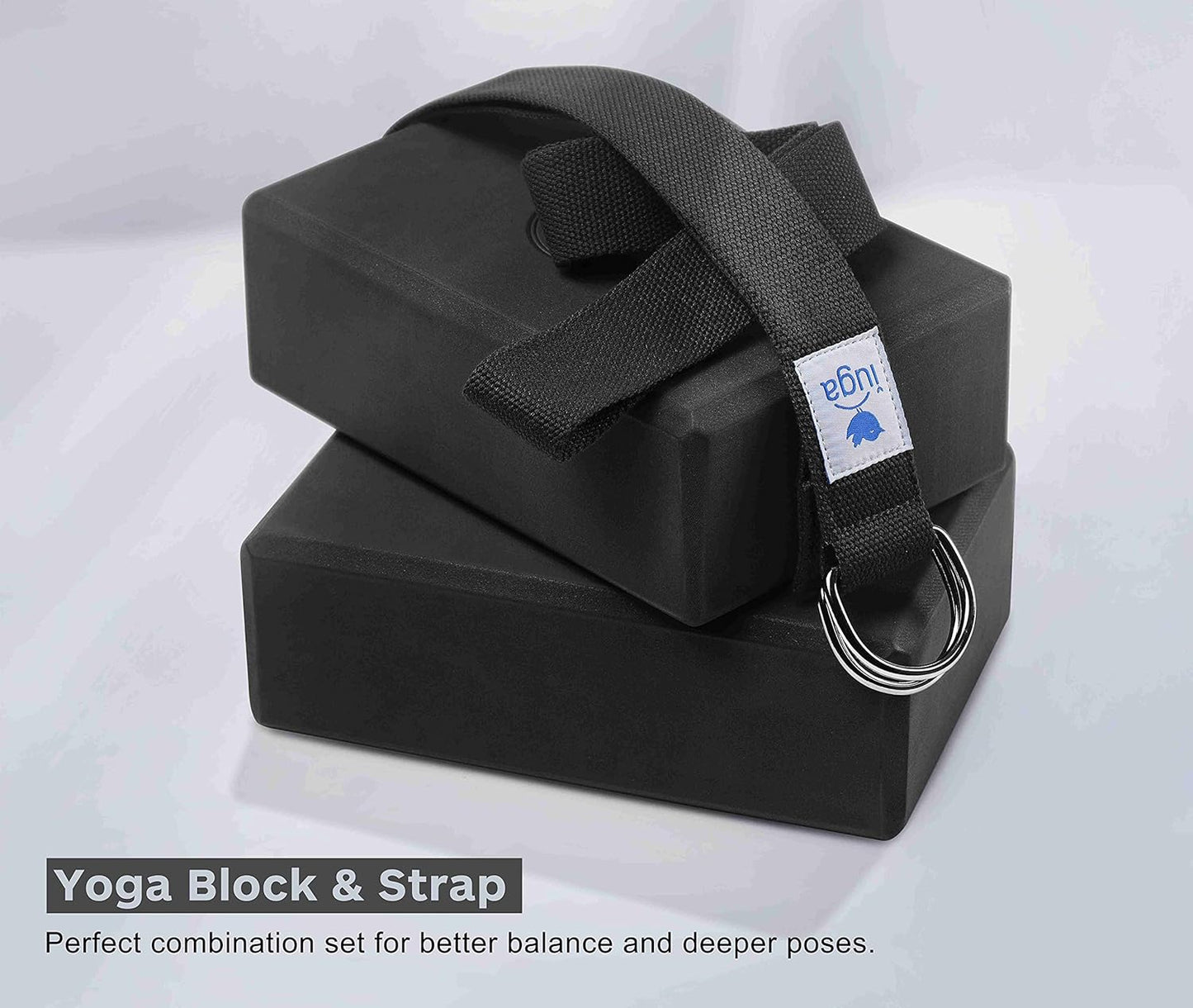 IUGA Yoga Blocks 2 Pack With Strap Non Slip High Density 9"x6"x3" Solid & Cork Yoga Block With Yoga Strap to Improve Strength Balance for Yoga Pilates Meditation