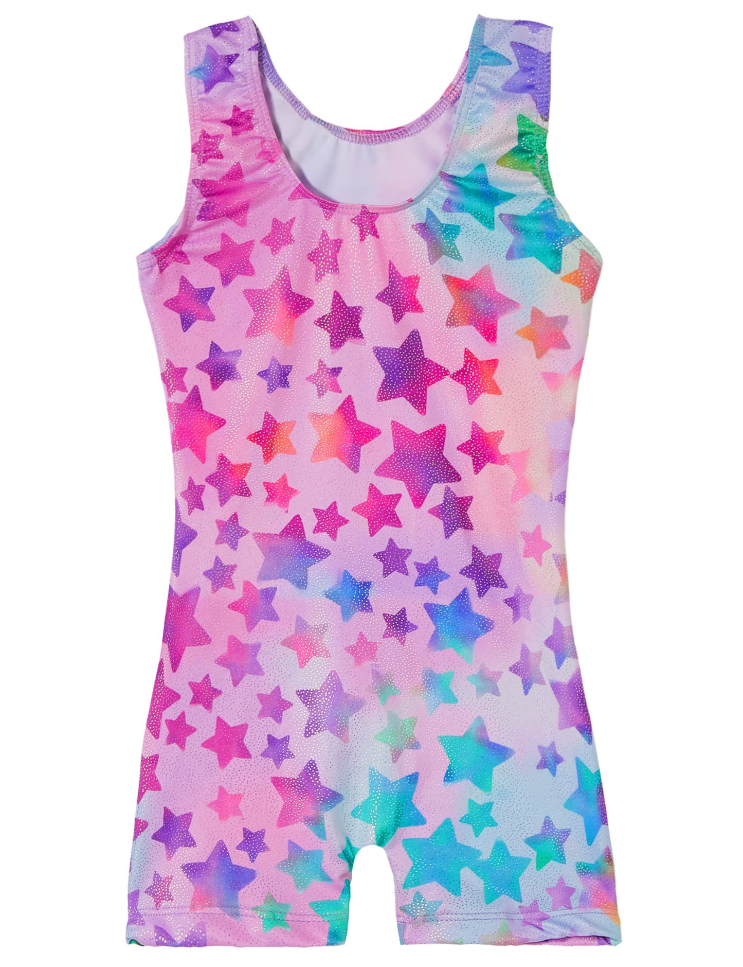 TENVDA Gymnastics Leotards for Toddler Girls 3t 4t Sparkly Hot Pink Stars One-Piece Sleeveless Kids Biketard with Shorts