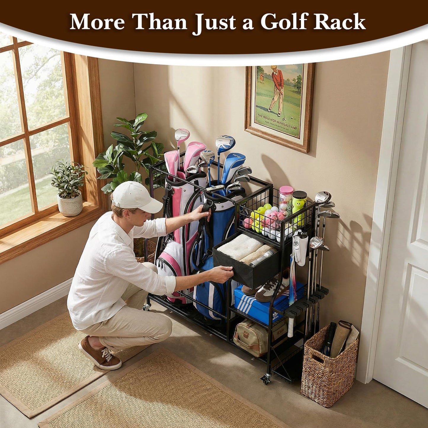 Faesun Golf Bag Organizer for Garage, Golf Bag Storage Rack with 6 Club Slots, Golf Club Organizer with Fabric Drawer & Wheels, Golf Storage Organizer Holds 2 Bags, Golf Rack Storage System