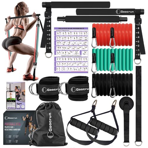 Portable Pilates Bar and Resistance Band Set with Handles. Multipurpose Home Gym with Door Anchor and Extension Belt, Supports Full-Body Workouts - with Fitness Poster and Video