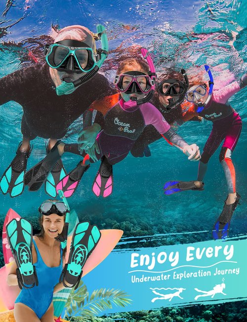 Zenoplige Mask Fins Snorkel Set, Snorkeling Gear for Adults, Panoramic View Snorkel Mask Anti-Fog, Adjustable Dive Flippers, Dry Top Snorkel and Travel Bag, Scuba Gear for Swimming Snorkeling Diving