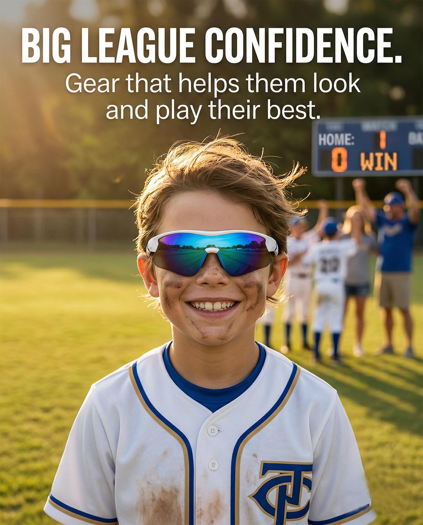 maivnz Youth Baseball Sunglasses for Boys and Girls Ages 6-12, Kids Sports Glasses for Softball Cycling, Helmet Compatible（White/Blue