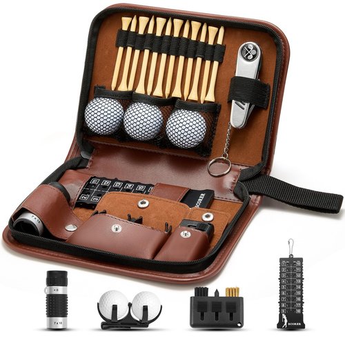 SANLINZOM Golf Accessories for Men and Women for Golfers, Accessories Set in Hi-End PU Case with Golf Balls, HD Rangefinder, Golf Tees, Cleaning Brush, Divot Knife, Scorer, Golf Ball Clamp (Brown)