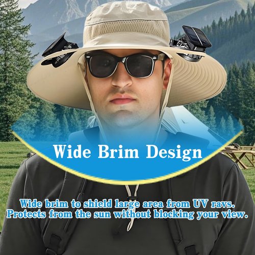 Solar Fan Hat, Wide Brim Sun Hat with 2 Solar Fan Built,Waterproof Outdoor Fishing Hat for Men Women UPF 50+ (US, Alpha, One Size, D)