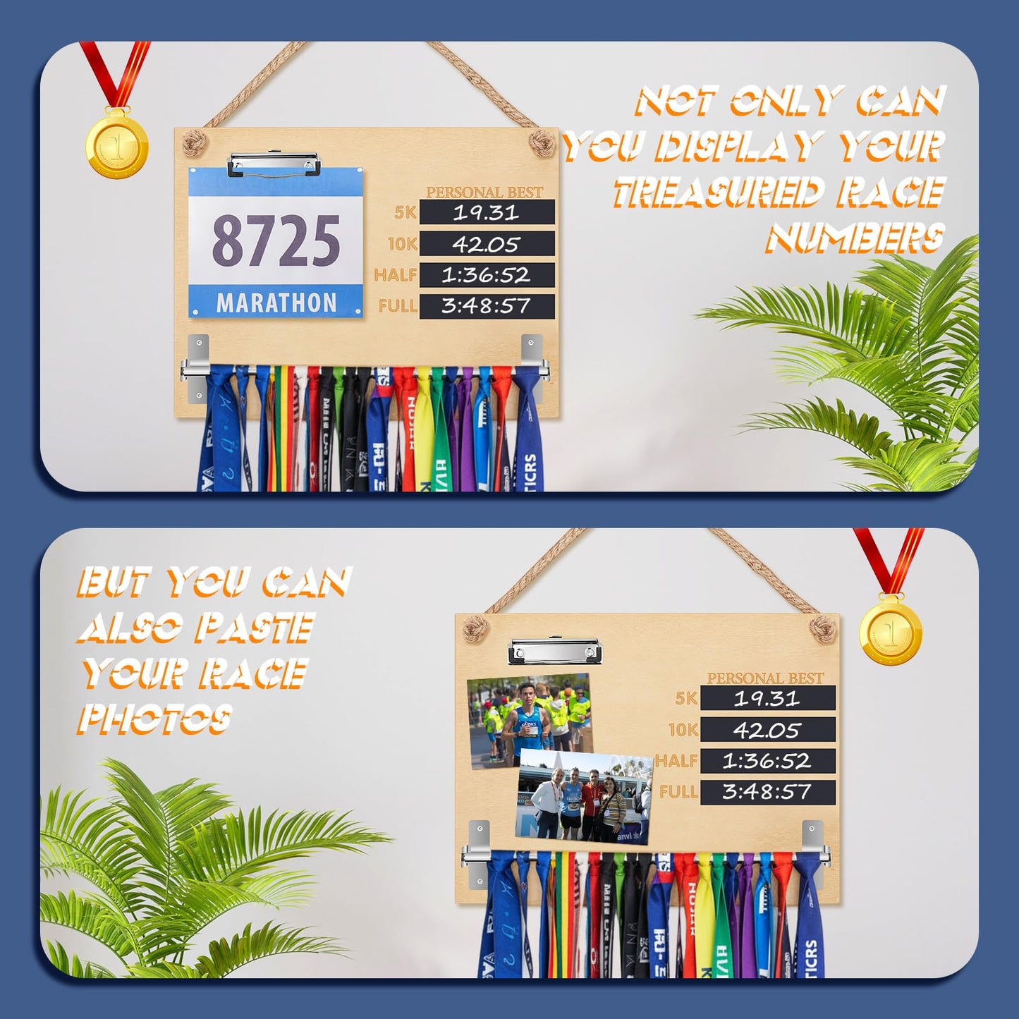 Threehoney Wooden Medal Hanger Display Running Medal Holder Wall Hanger Race Bib Boards Holder with Records Blackboard Chalk Holds 20 Medals Gift for Marathon Runners