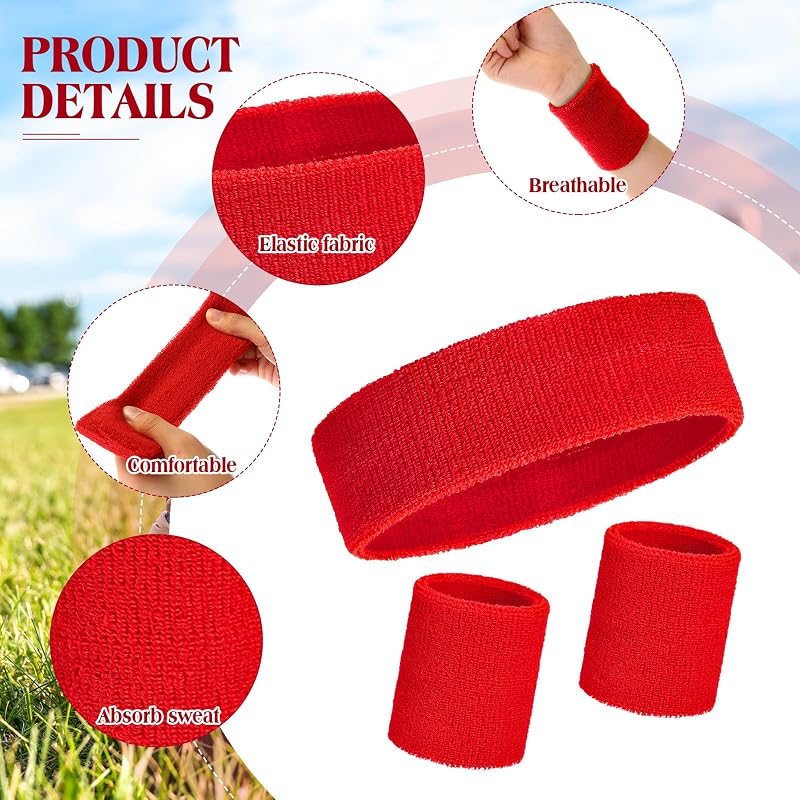 Skylety 24 Pcs Neon 80s Sweatband Set - Red Headbands & Wristbands (Variation: Red)