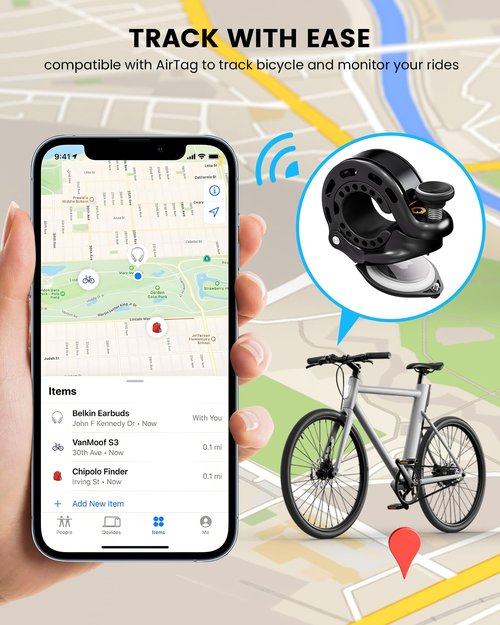 RAVEMEN Q2 Bike Bell Compatible with AirTag, Loud Hidden Bicycle Bell for Adults and Kids, Fit 0.87''/22.2, 1''/25.4, 1.25''/31.8mm Handlebars