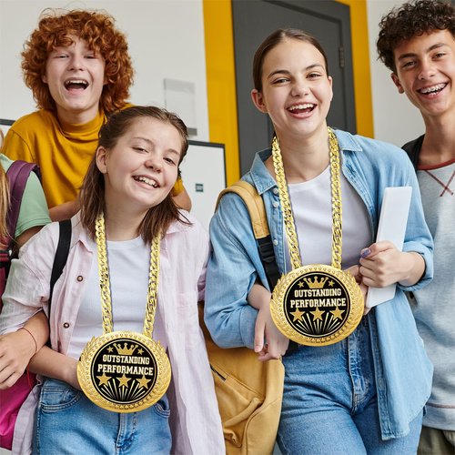 Tondiamo Turnover Chain Graduation Medal 6" Big Gold Award Medal All Star Outstanding Trophy Necklace Champion Chain for College Student School Participation Competition(1 Pcs,Outstanding Performance)