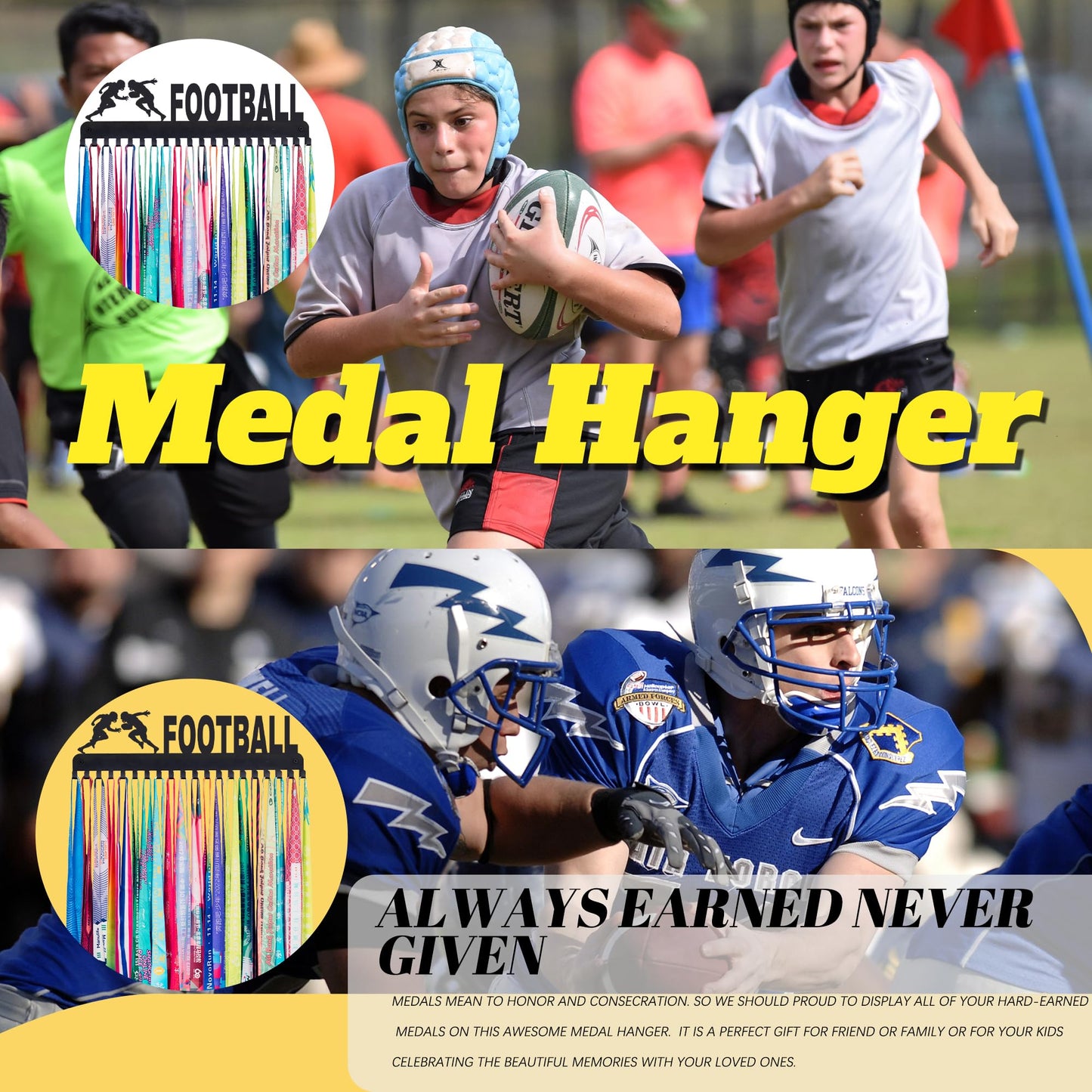 Goutoports Personalized Football League Medal Display Hanger Holds Up 60 Medals Durable Metal Holder Awards Organize Rack Kids Sports Badge Ribbon Hanger for Wall Decor Gifts for Athletes