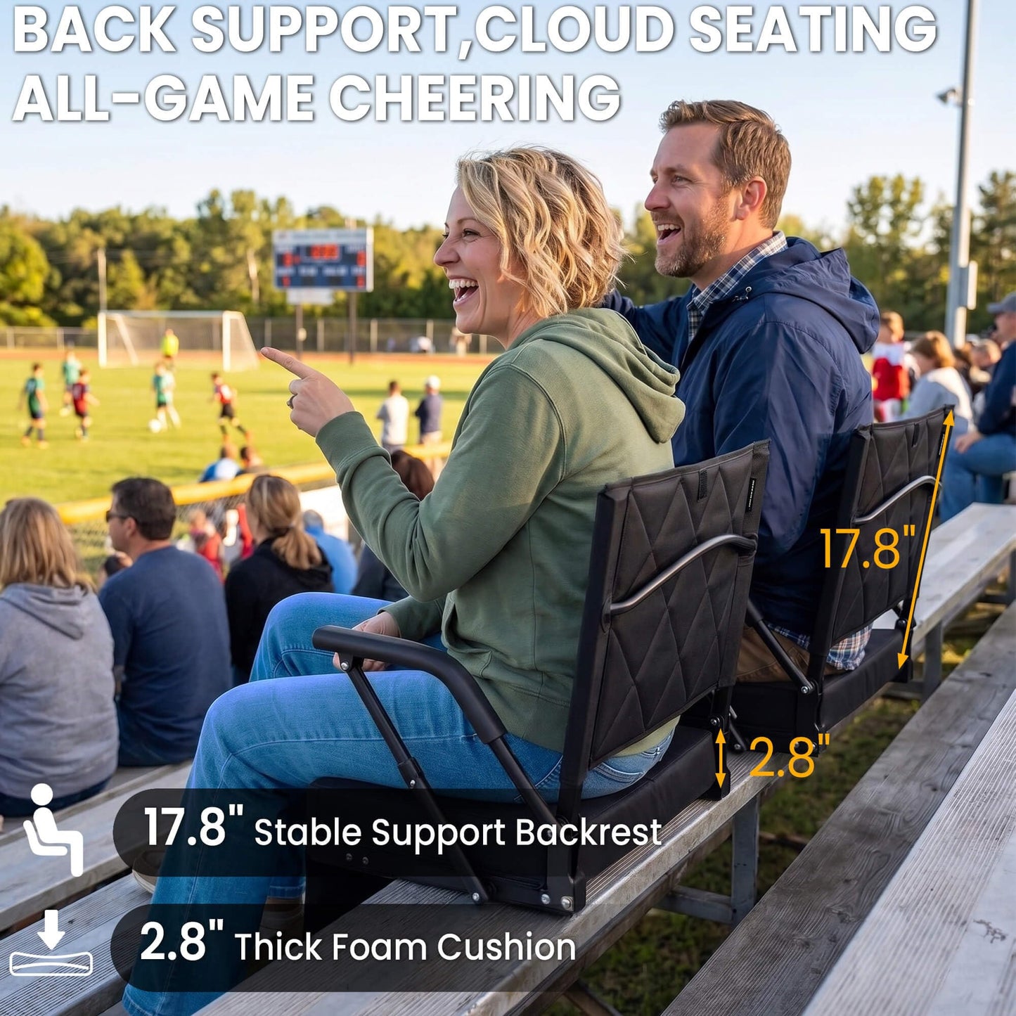 Sheenive Stadium Seats for Bleachers with Back Support (2 Pack) - 2.8'' Thick Wide Cushion & Padded Armrests, Cup Holder, Pockets, Carry Strap for Sports Events