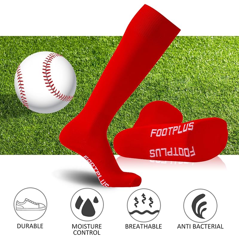 FOOTPLUS Knee High Soccer Football Socks - White & Red, Medium, Unisex