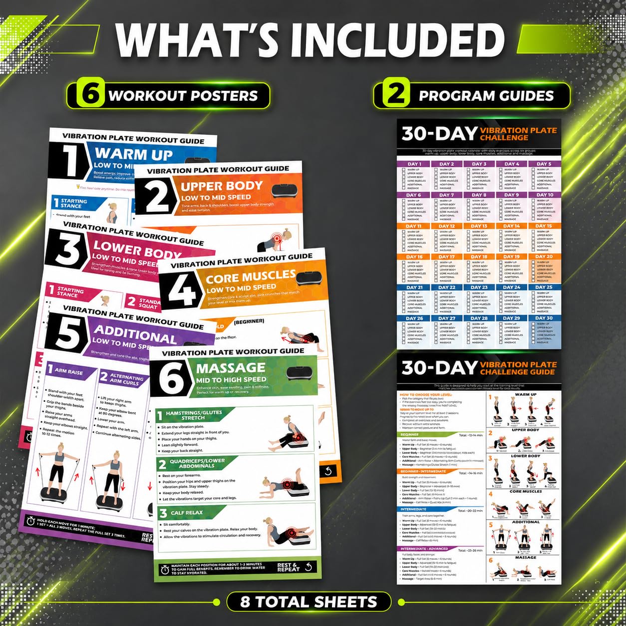 POCAZONE Vibration Plate Workout Poster, Full-Body Exercises + 30-Day Personalized Plan, Beginner to Advanced Guidance, Fits All Vibration Machines, Home Fitness & Recovery
