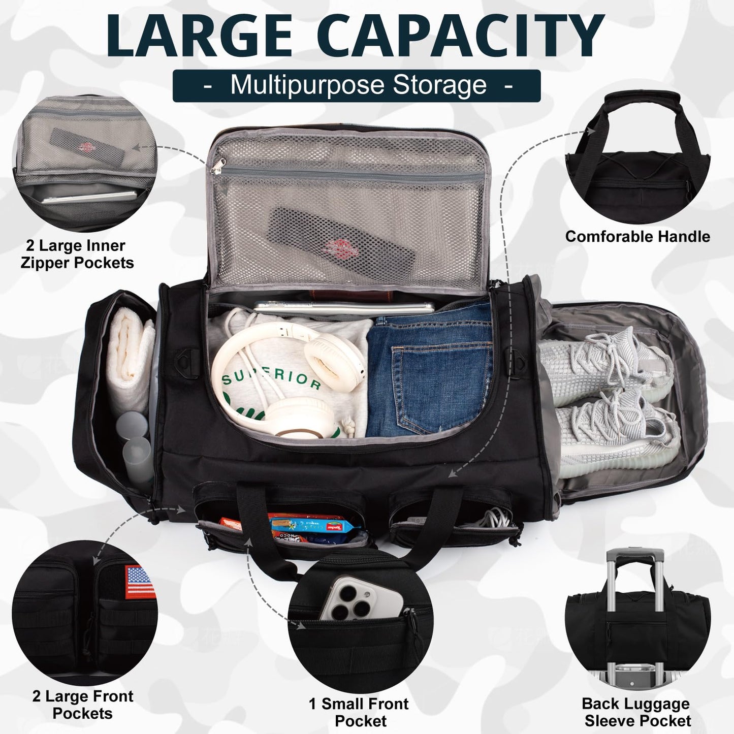 Tactical Gym Bag for Men，70L Large 3 in 1 Sports Duffle Bag with Shoes Compartment for Travel,Water Resistant Travel Backpack Weekender Overnight Bag with Wet Pocket for Women
