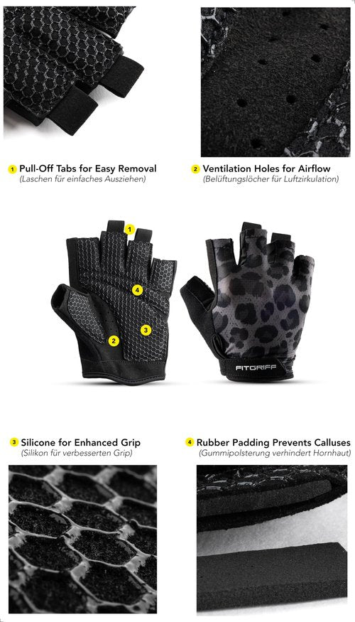 Fitgriff® Workout Gloves (Padded) for Men & Women - Fingerless Gym Gloves for Weight Lifting, Training - Full Palm Protection (Leopard, Size 7)
