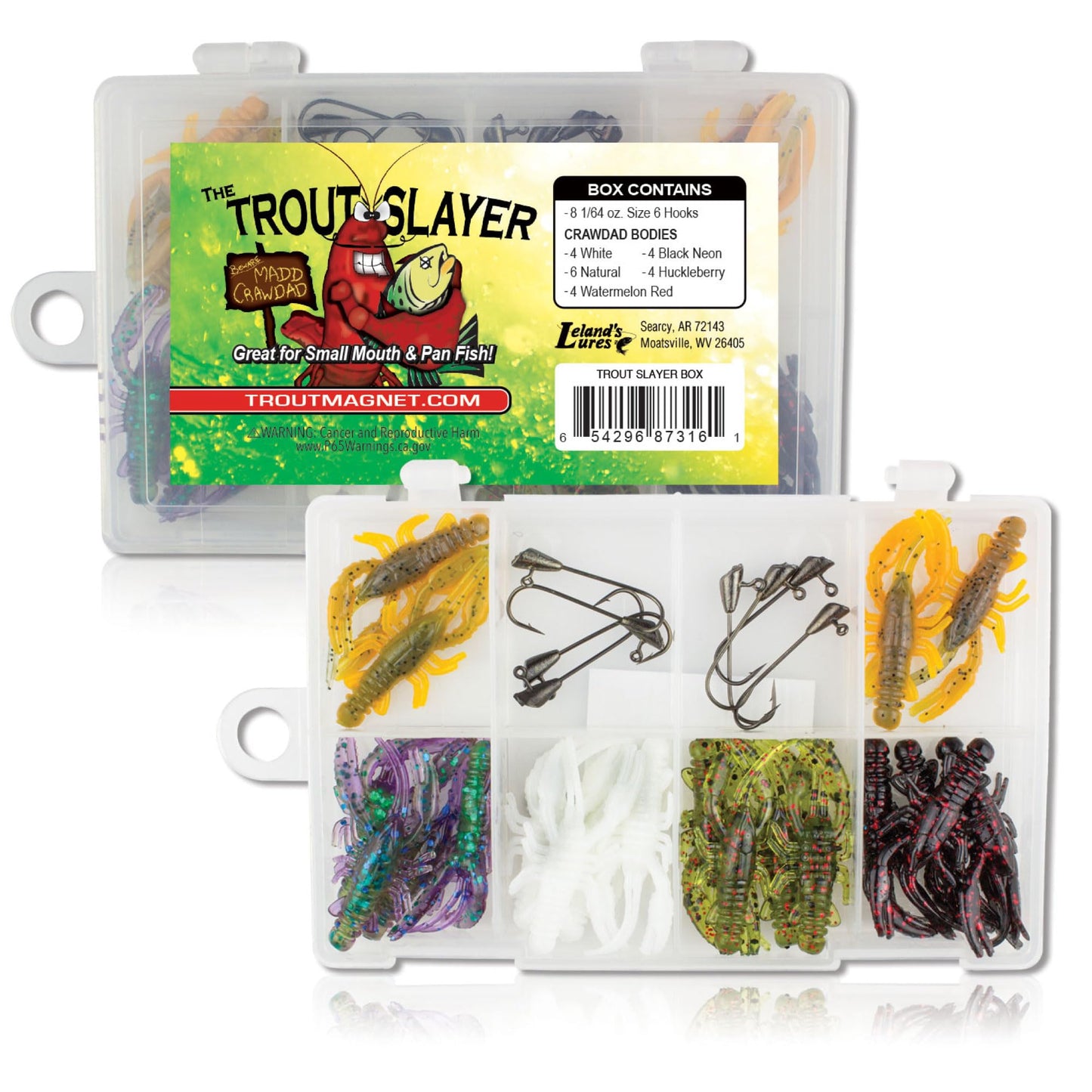 Trout Magnet Trout Slayer 28 Piece Fishing Kit, Includes 20 Crawdad Bodies and 8 Size 6 Long Shank Hooks, Great for Small Streams and Lakes, Catches All Species, White