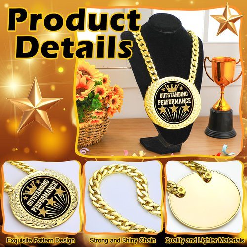 Tondiamo Turnover Chain Graduation Medal 6" Big Gold Award Medal All Star Outstanding Trophy Necklace Champion Chain for College Student School Participation Competition(1 Pcs,Outstanding Performance)
