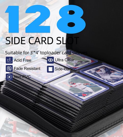 AUSIIBTO Top Loaders Card Binder, 128 Cards, 4 Pocket Side-Loading Pages Compatible for 3" x 4" Toploaders Sleeves, Collectible Football, Baseball Trading Card Albums
