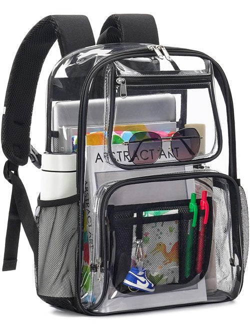 QOECI Heavy Duty Clear Backpack For Women Men Boys Girls, 17 Inch Large See Through Backpack, 360° 3M Reflective Strips Clear Bookbag, Transparent Bag For College Sport Work Travel Security, Black