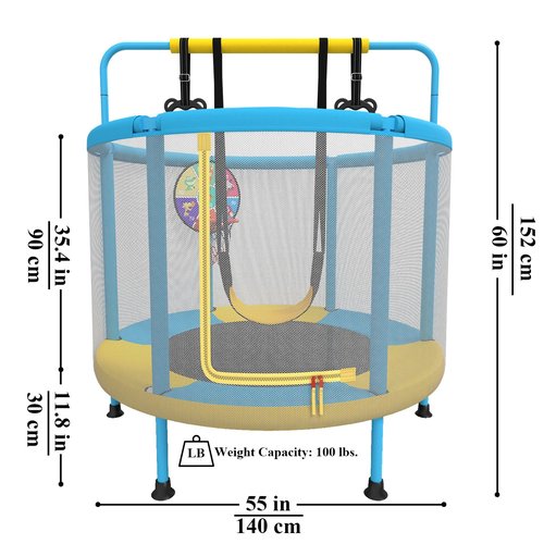 LANGXUN 60" Trampoline for Kids, 5ft Mini Toddler Indoor & Outdoor Trampoline with Net, Basketball Hoop & Dart Board, Birthday Gifts for Boys & Girls, Baby Toddler Christmas Toys (Blue & Yellow)