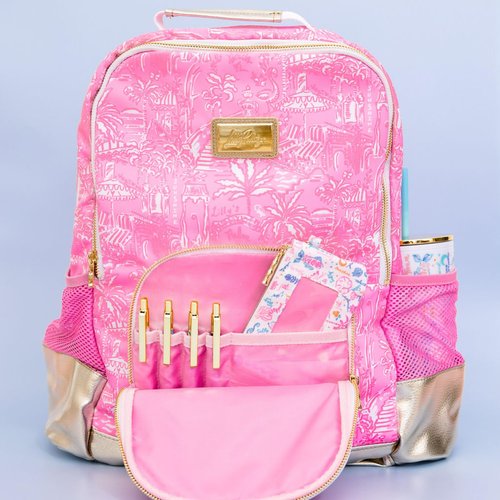 Lilly Pulitzer Large Backpack with Pockets, Adjustable Straps and Top Handle, Large Bookbag for Work and Travel (Palm Beach Playground)
