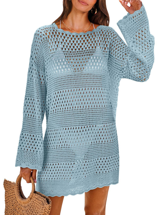 ANRABESS Women Swimsuit Crochet Swim Cover Up 2026 Summer Bathing Suit Swimwear Mesh Knit Beach Dress Vacation Outfits Sky Blue XX-Large