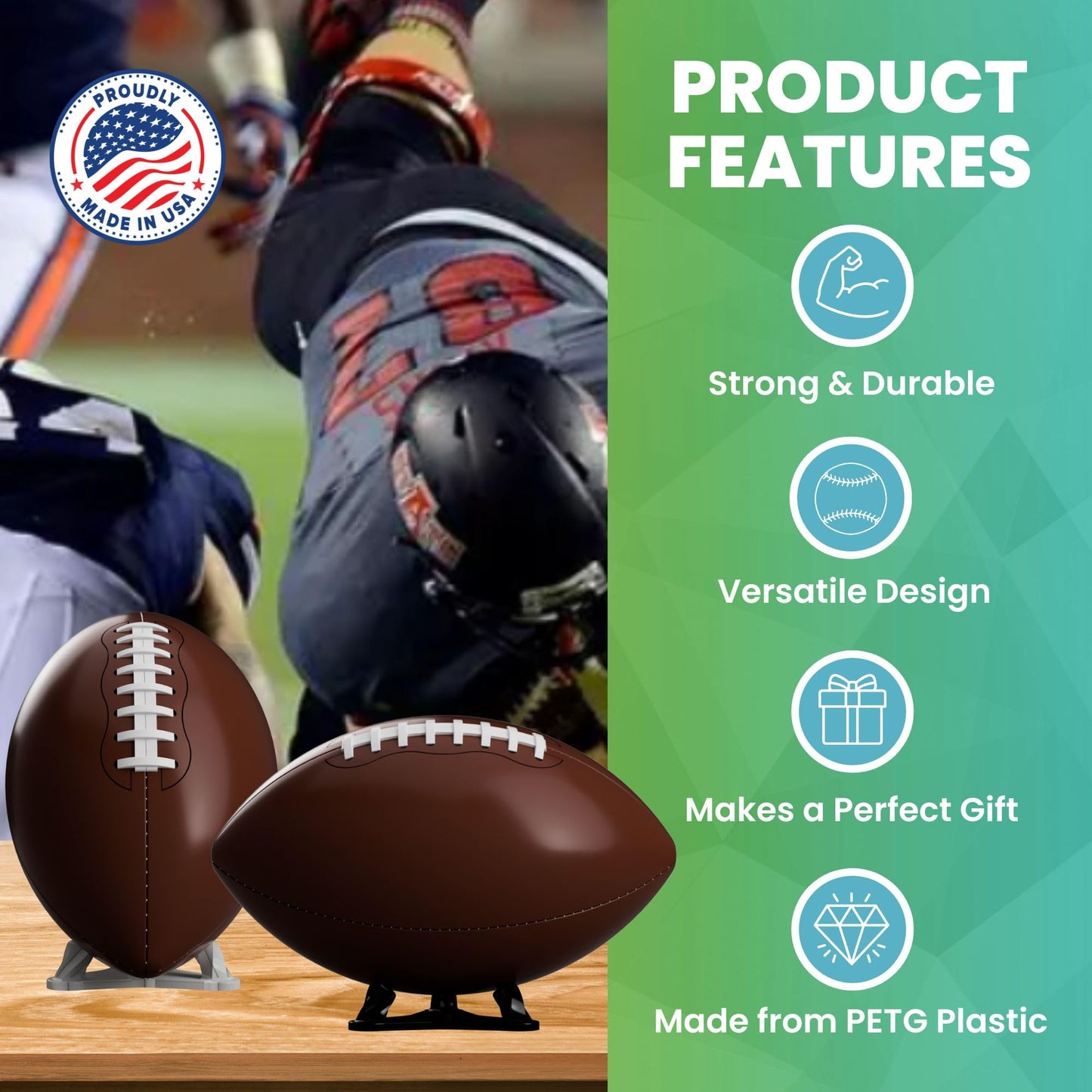 Radiant Displays Football Display Stand – Black – Premium Holder for Footballs & Rugby Balls – Vertical & Horizontal Display – Made in USA – Showcase Autographed, Signed & Collectible Balls