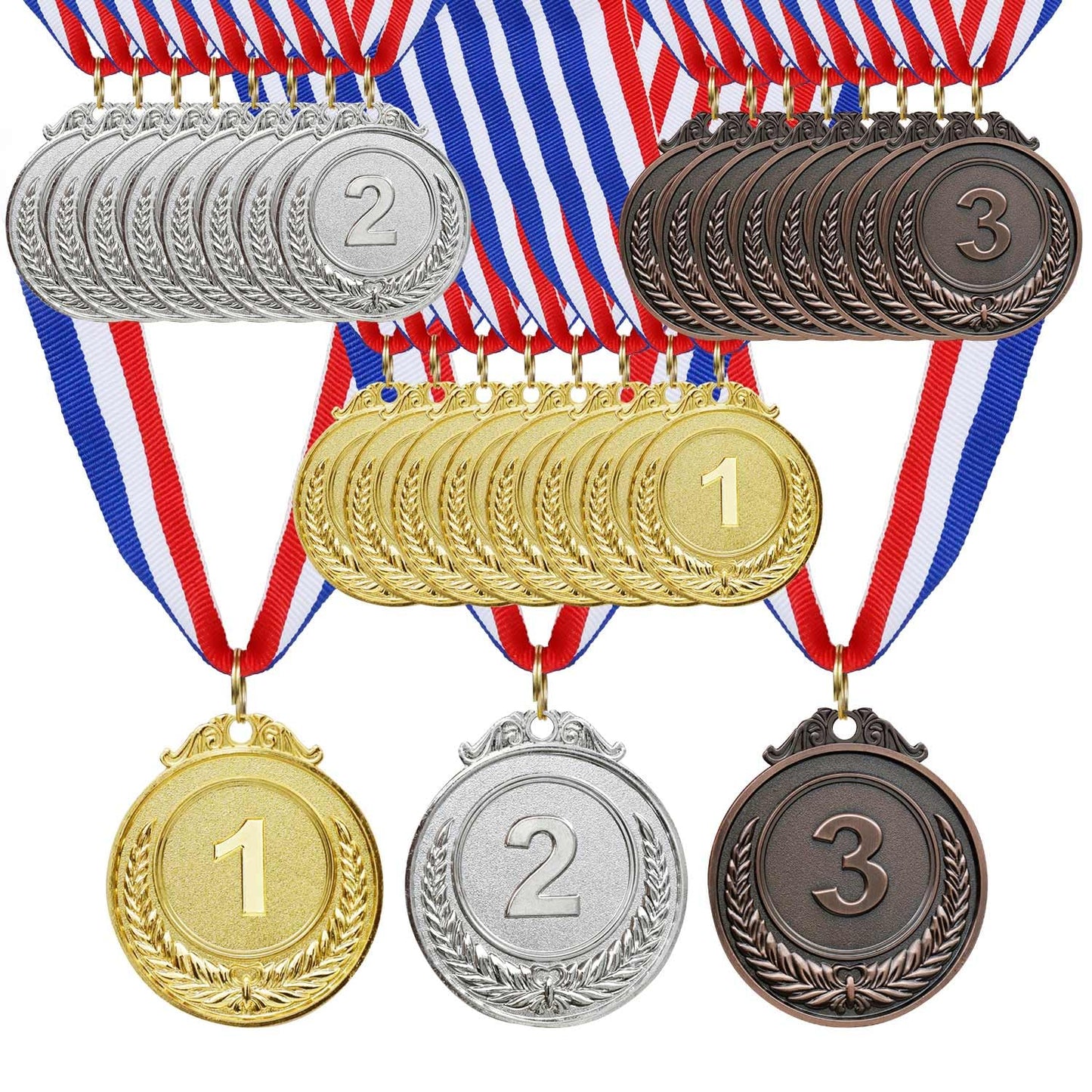 24 PCS Gold Silver Bronze Award Medals with Ribbons ，Victor Medals for 1st 2nd 3rd，Medals for Awards Prepared to Sports Competitions Party Olympic Decorations and Olympic Style 2 Inches