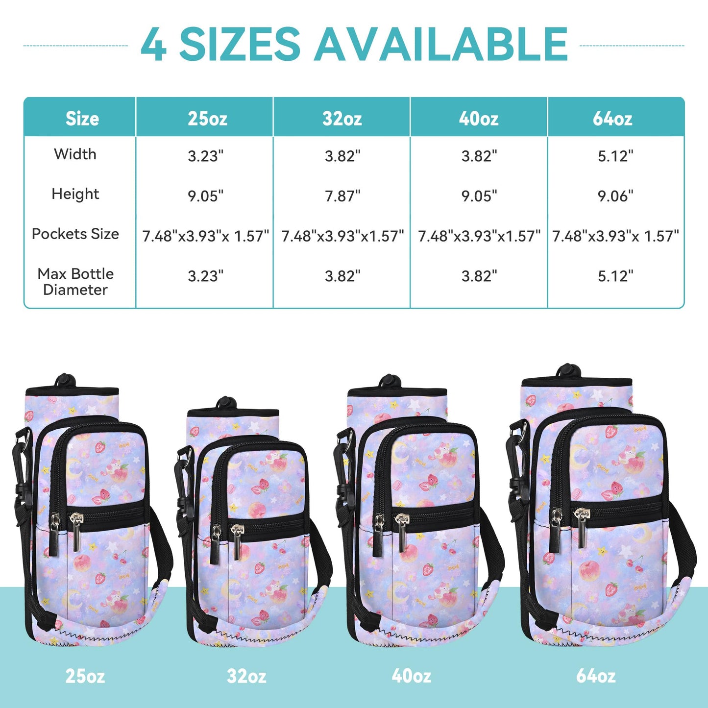 AUPET Water Bottle Sling Bag Sleeve Holder Carrier 25/32/40/64 oz,Insulated Crossbody Water Bottle Case Cover with Strap and Pockets for Men/Women Walking Hiking (Cute Pastel Theme, 25oz)