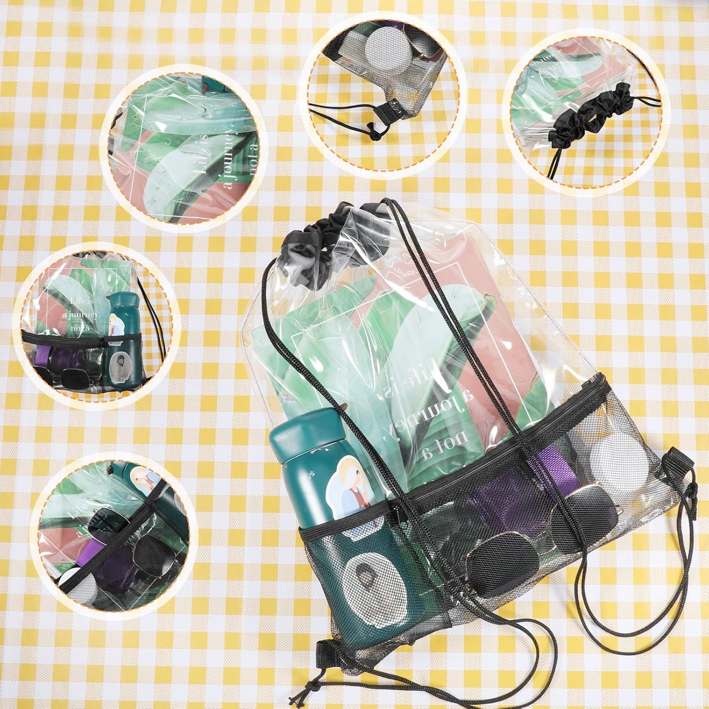 2 Pack Clear Drawstring Backpack Clear Drawstring Bags See Through Transparent PVC Backpack String Cinch Bag for Concerts, Sports, Travel, Work, Black