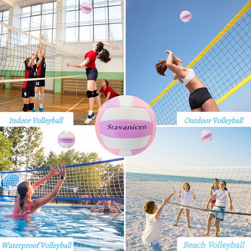 Stavanicen Volleyball Official Size 5 for Indoor Outdoor, Thicker PU Soft Beach Volleyball for Girls Boys Teenager Adults Beach Game Gym Training Beginner (Pink Purple White)
