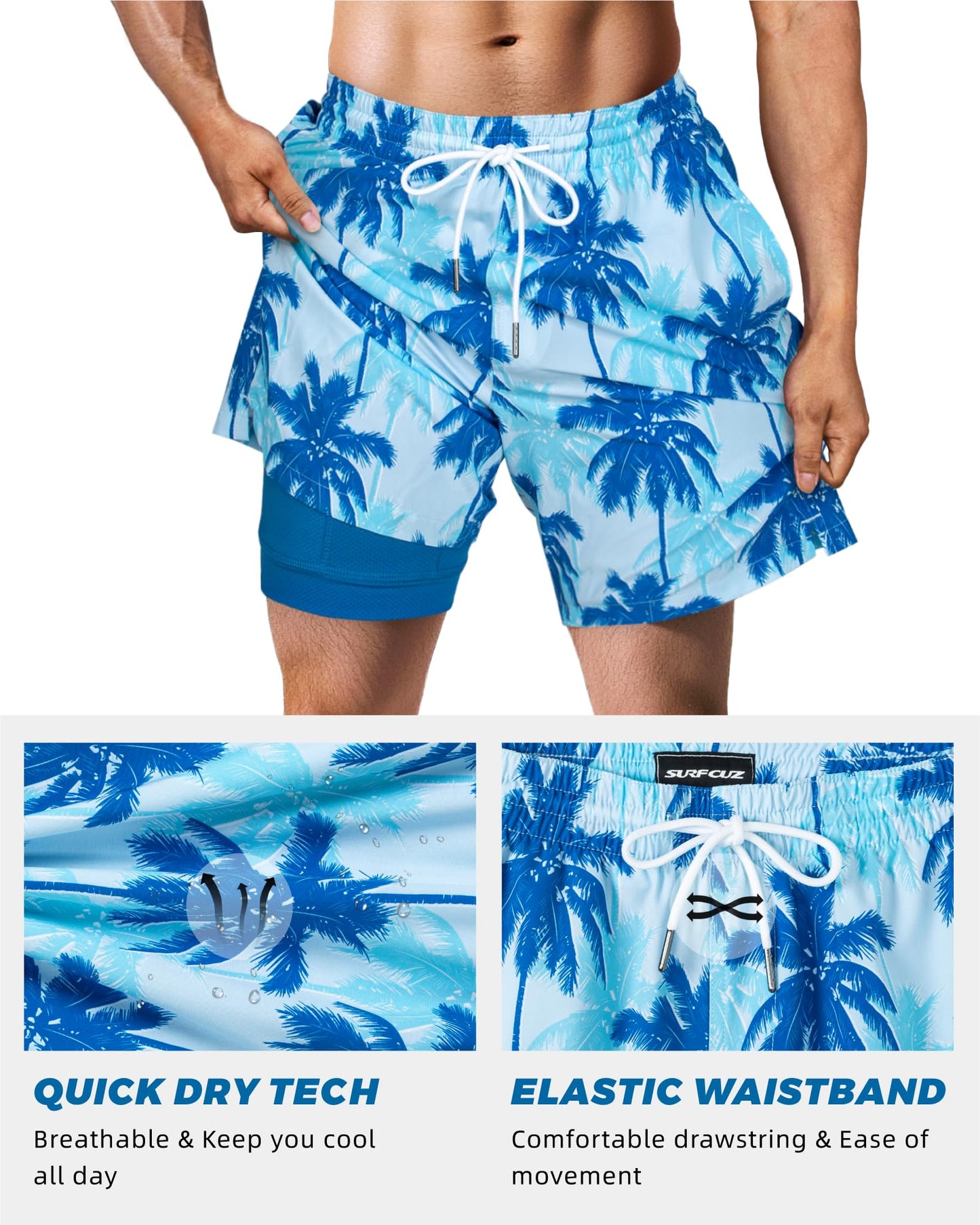SURF CUZ Mens Swim Trunks with Compression Liner Quick Dry Swim Shorts 7" Swimming Trunks Stretch Zipper Pockets Blue Palm Tree X-Large