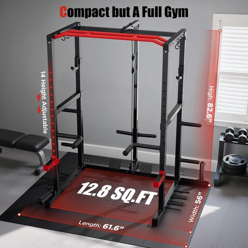 Sportsroyals Power Rack, Multi-Functional Power Cage with LAT Pulldown Pulley System, Squat Rack with More Training Attachments for Home Gym (RED)，1200 lbs Weight Capacity