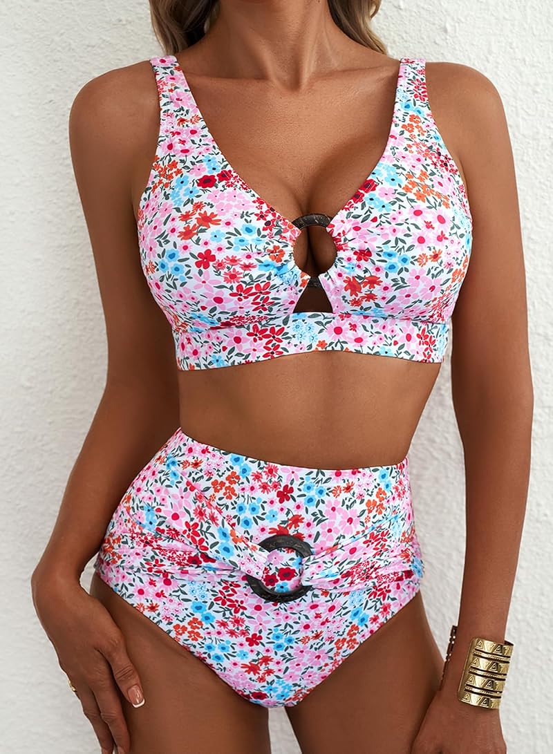 Herseas Pink Floral High Waisted Bikini Set - O Ring Front, Tummy Control